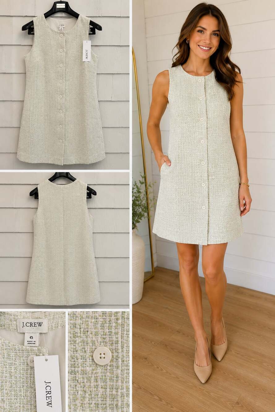 NWT J.Crew Ivory Green Boucle Tweed Button-Front Mini Shift Dress size 6